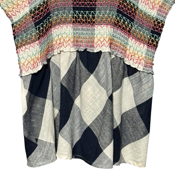 THML Cotton Smocked Bodice Fringe Trim Embroidered Gingham Plaid Sleeveless Top - Picture 3 of 11